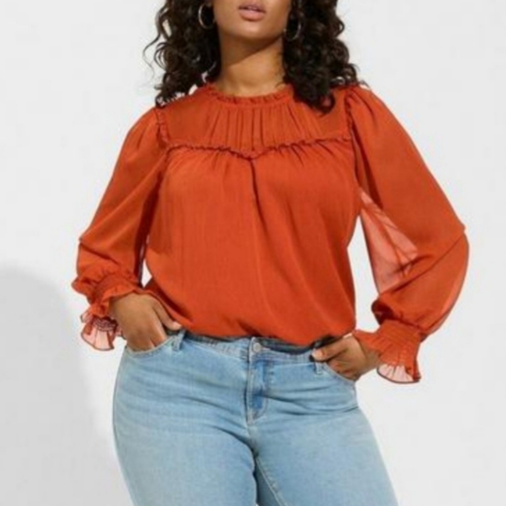 Torrid Burnt Orange Sheer Ruffle Blouse 3X